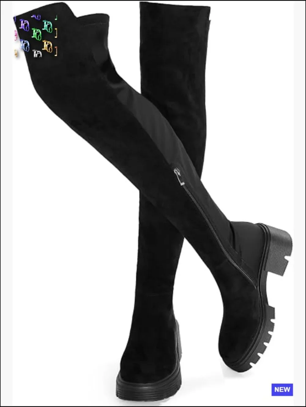 Thigh High Boots Suede Platform Chunky Heel Stretch Zip Lug Sole Round Toe